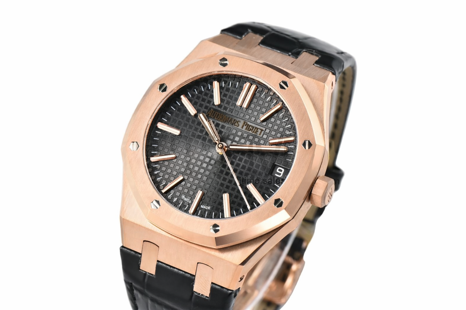 Royal Oak 41mm 15500 RG APSF 1:1 Best Edition Black Textured Dial on Black Leather Strap SA4302 Super Clone(Free Sprung))