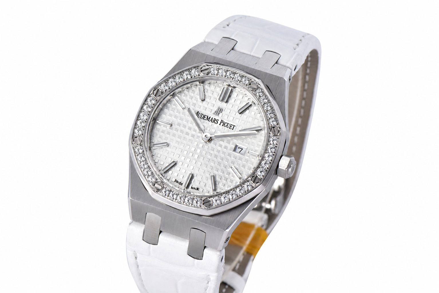 Lady Royal Oak 33mm 67651 SS/Diamond Bezel V7F 1:1 White Textured Dial On White Croco Leather Strap Ronda Quartz to AP Cal.2713