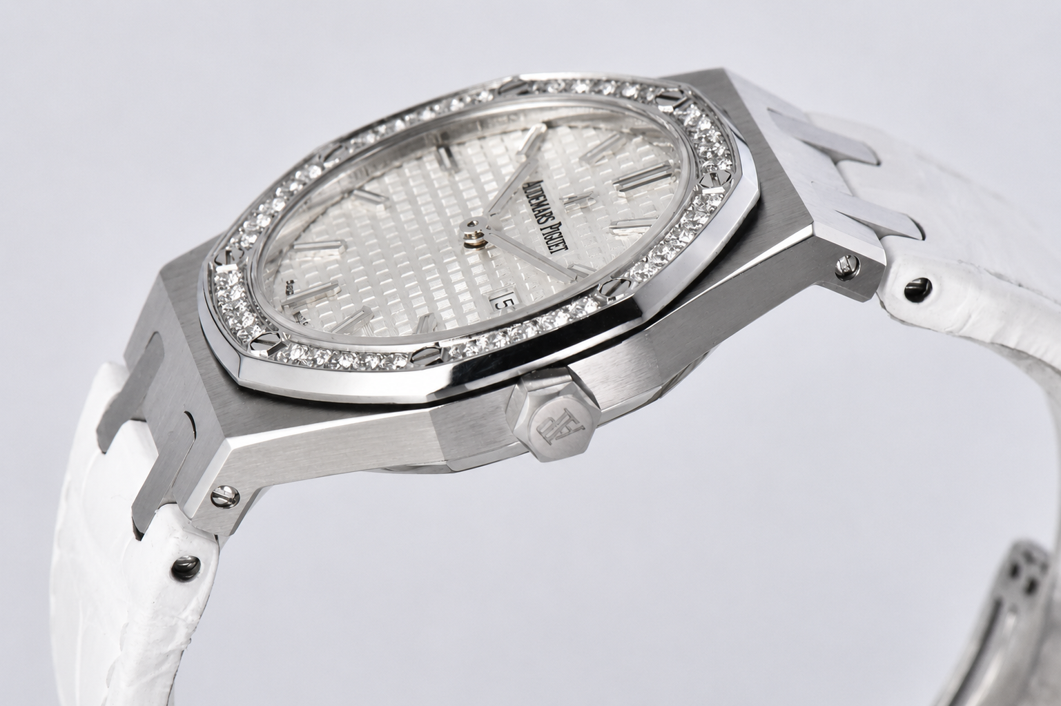 Lady Royal Oak 33mm 67651 SS/Diamond Bezel V7F 1:1 White Textured Dial On White Croco Leather Strap Ronda Quartz to AP Cal.2713 - Image 5