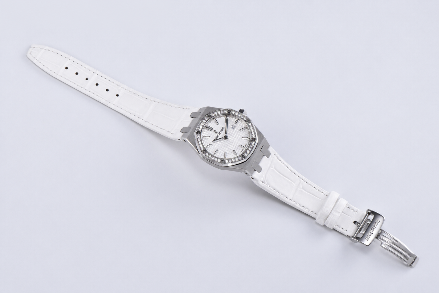 Lady Royal Oak 33mm 67651 SS/Diamond Bezel V7F 1:1 White Textured Dial On White Croco Leather Strap Ronda Quartz to AP Cal.2713 - Image 7