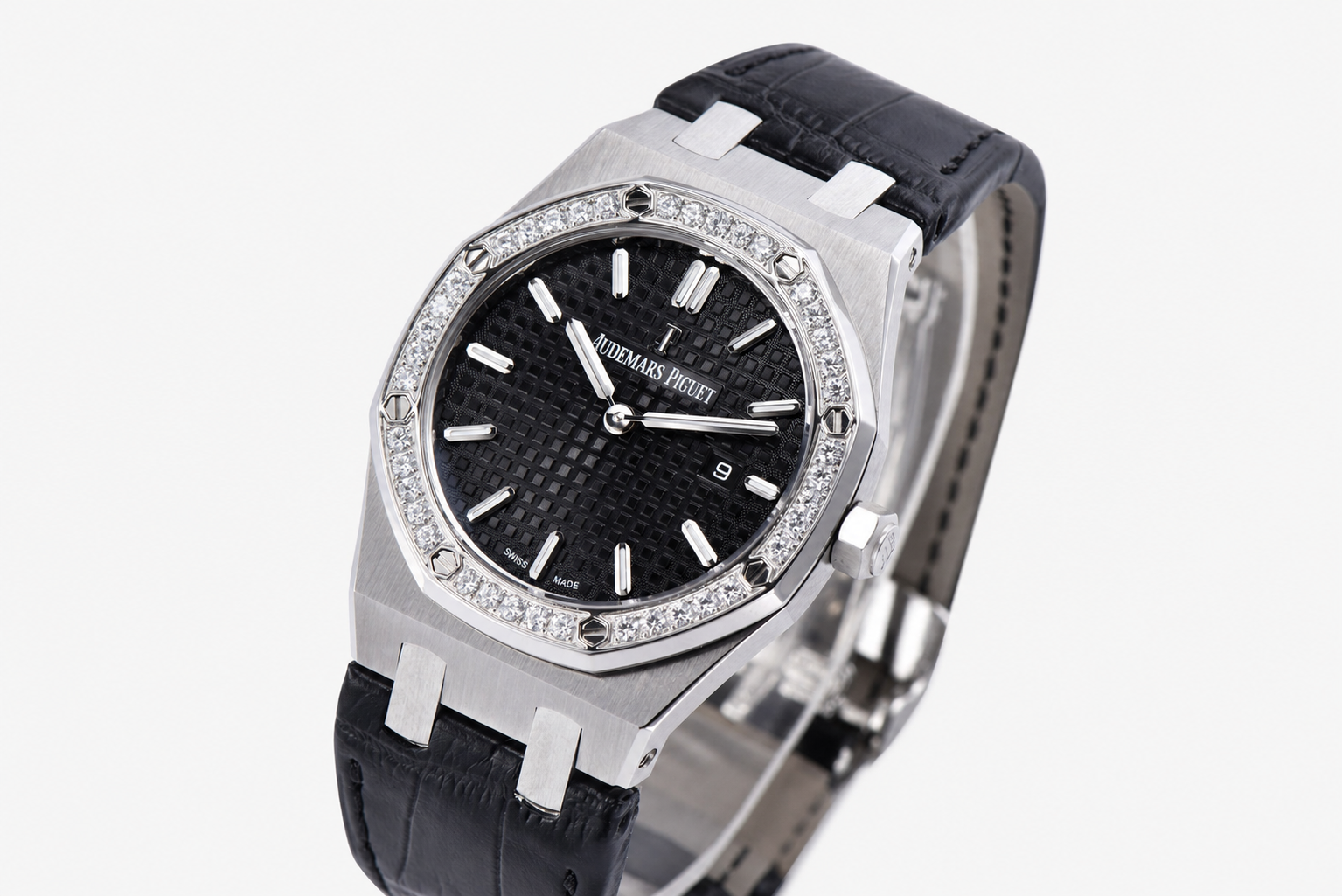 Lady Royal Oak 33mm 67651 SS/Diamond Bezel V7F 1:1 Black Textured Dial On Black Croco Leather Strap Ronda Quartz to AP Cal.2713