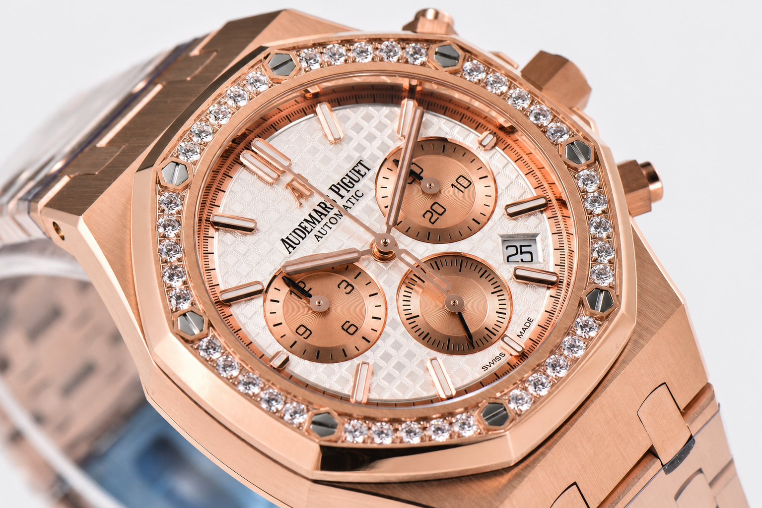 Royal Oak Chrono 26315 RG APSF 1:1 Best Edition White/RG Dial Diamonds Bezel on RG Bracelet A2385 - Image 4