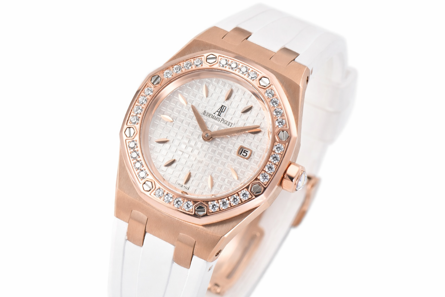 Royal Oak Offshore Ladies 33mm RG RXW Best Edition White Dial Diamonds Bezel on White Rubber Strap Swiss Quartz