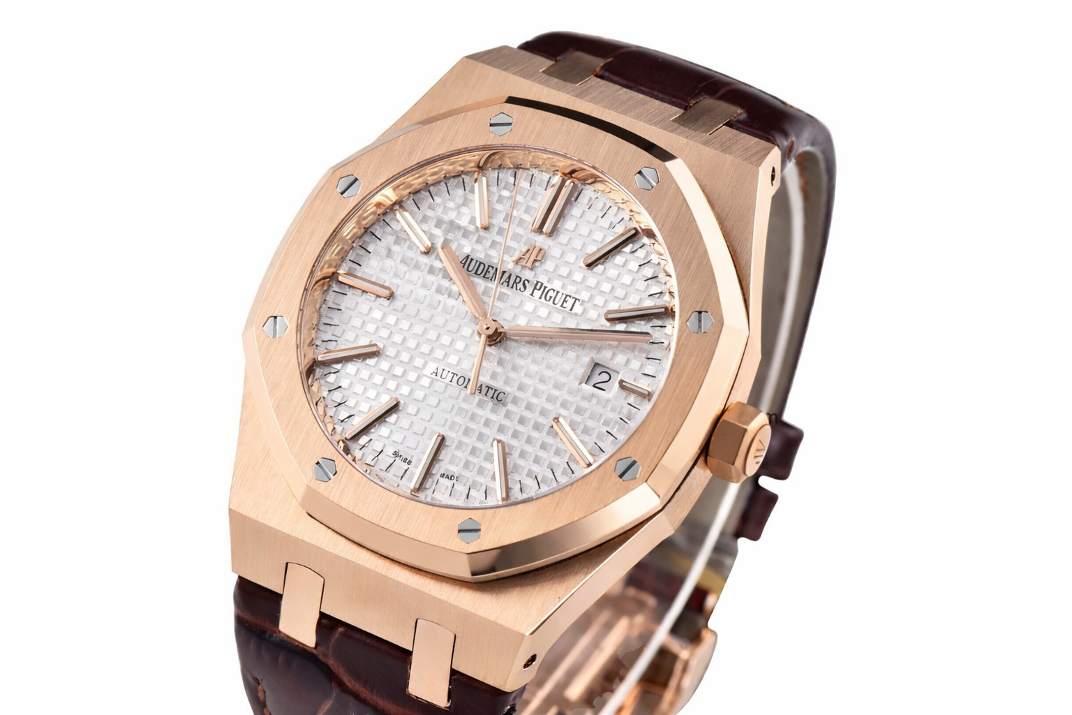 Royal Oak 41mm 15400 RG APSF 1:1 Best Edition Silver Dial on Brown Leather Strap SA3120 V4(Tungsten Heavy Version)
