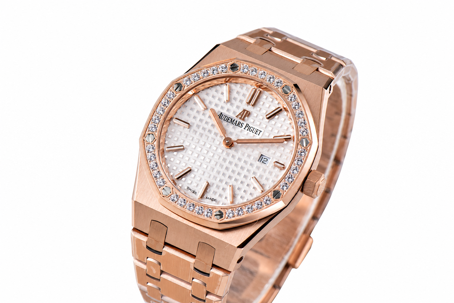 Lady Royal Oak 33mm RG ZF 1:1 Best Edition White Dial Diamonds Bezel on RG Bracelet Swiss Quartz