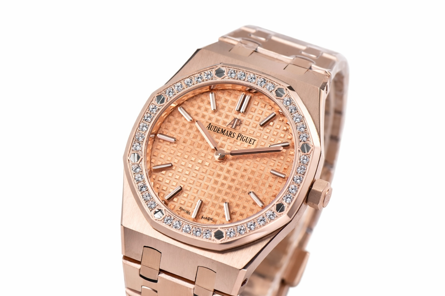 Lady Royal Oak 33mm RG ZF 1:1 Best Edition Rose Gold Dial Diamonds Bezel on RG Bracelet Swiss Quartz