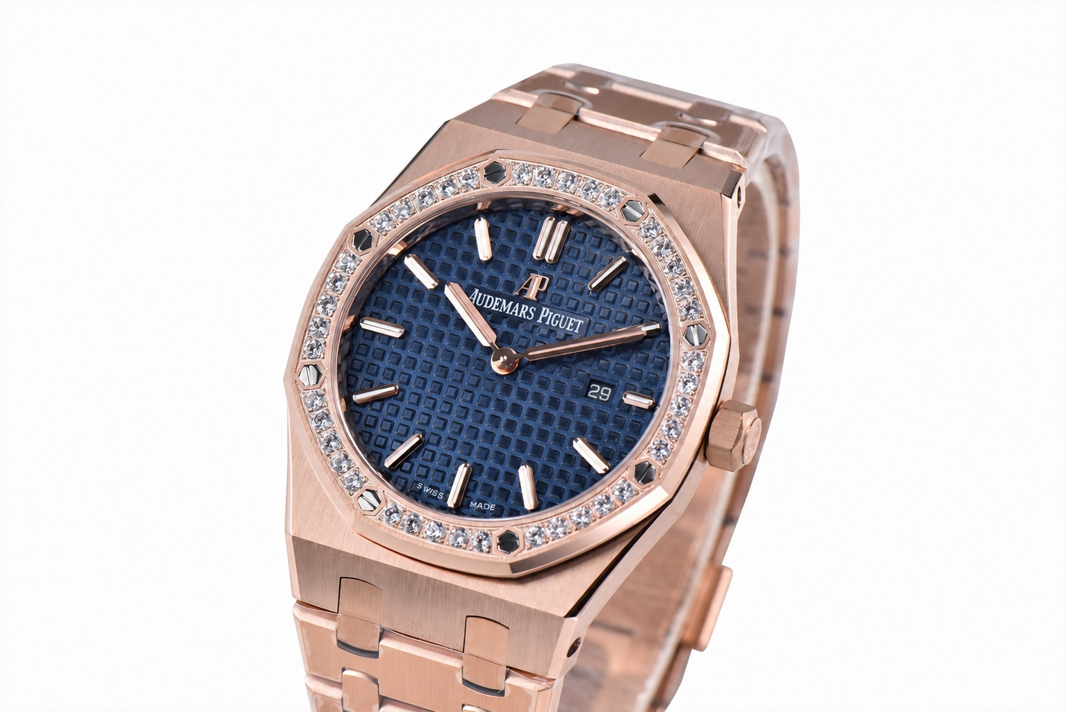 Lady Royal Oak 33mm RG ZF 1:1 Best Edition Blue Dial Diamonds Bezel on RG Bracelet Swiss Quartz