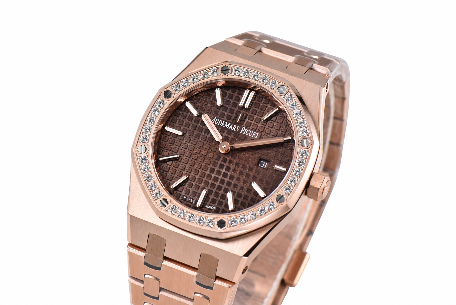 Lady Royal Oak 33mm RG ZF 1:1 Best Edition Brown Dial Diamonds Bezel on RG Bracelet Swiss Quartz