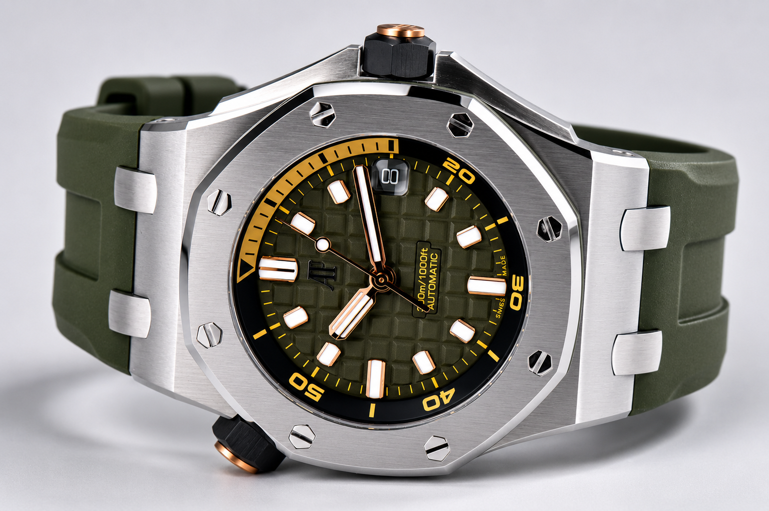 Royal Oak Offshore Diver 15720 SS APF 1:1 Best Edition Green Dial on Green Rubber Strap A4308 - Image 3