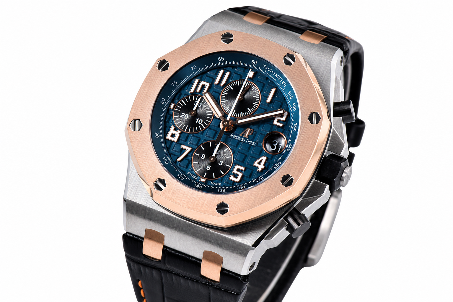 Royal Oak Offshore 42mm SS APF 1:1 Best Edition RG Bezel Blue Dial on Black Leather Strap A3126