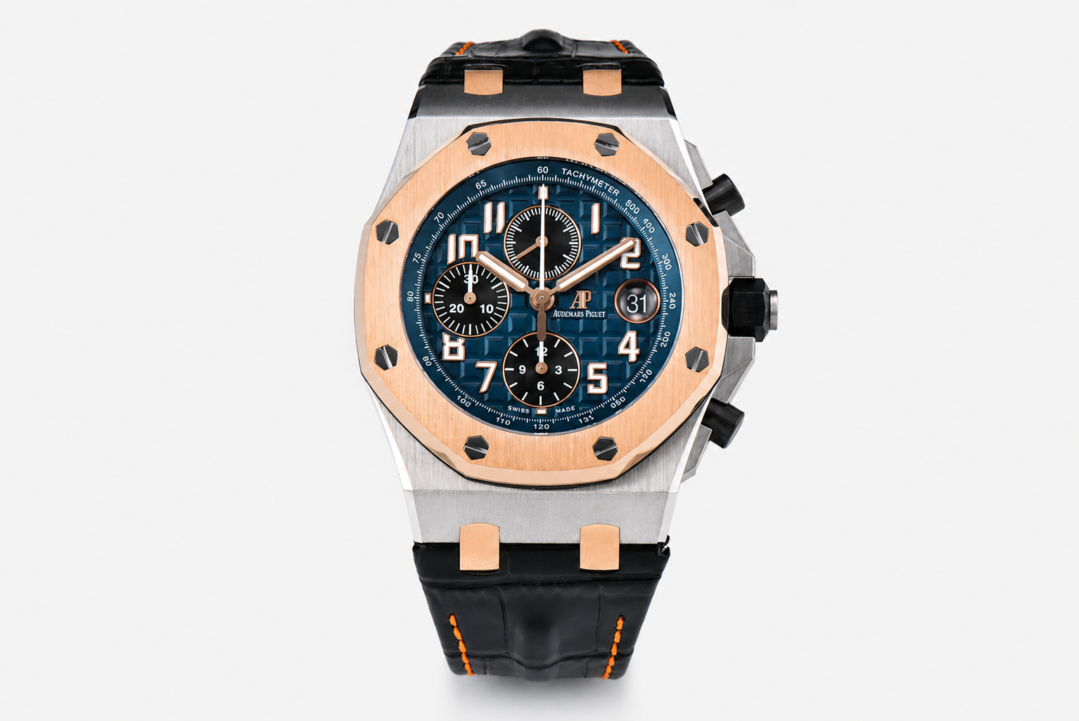 Royal Oak Offshore 42mm SS APF 1:1 Best Edition RG Bezel Blue Dial on Black Leather Strap A3126 - Image 2