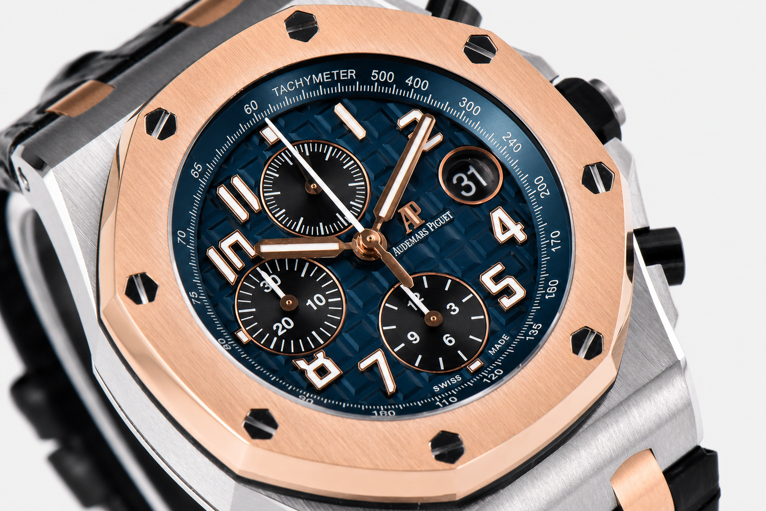 Royal Oak Offshore 42mm SS APF 1:1 Best Edition RG Bezel Blue Dial on Black Leather Strap A3126 - Image 3