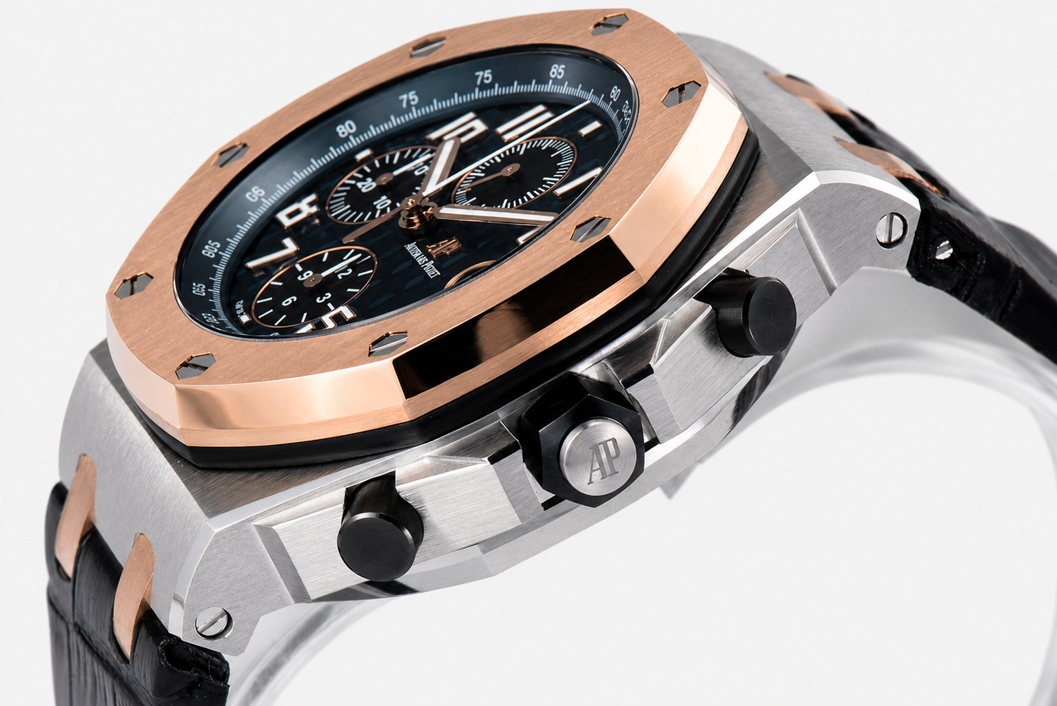 Royal Oak Offshore 42mm SS APF 1:1 Best Edition RG Bezel Blue Dial on Black Leather Strap A3126 - Image 4