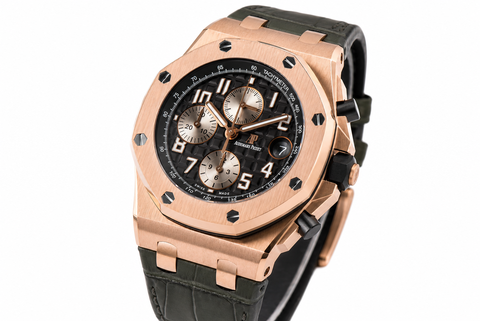 Royal Oak Offshore 42mm RG APF 1:1 Best Edition Black/Silver Dial on Green Leather Strap A3126