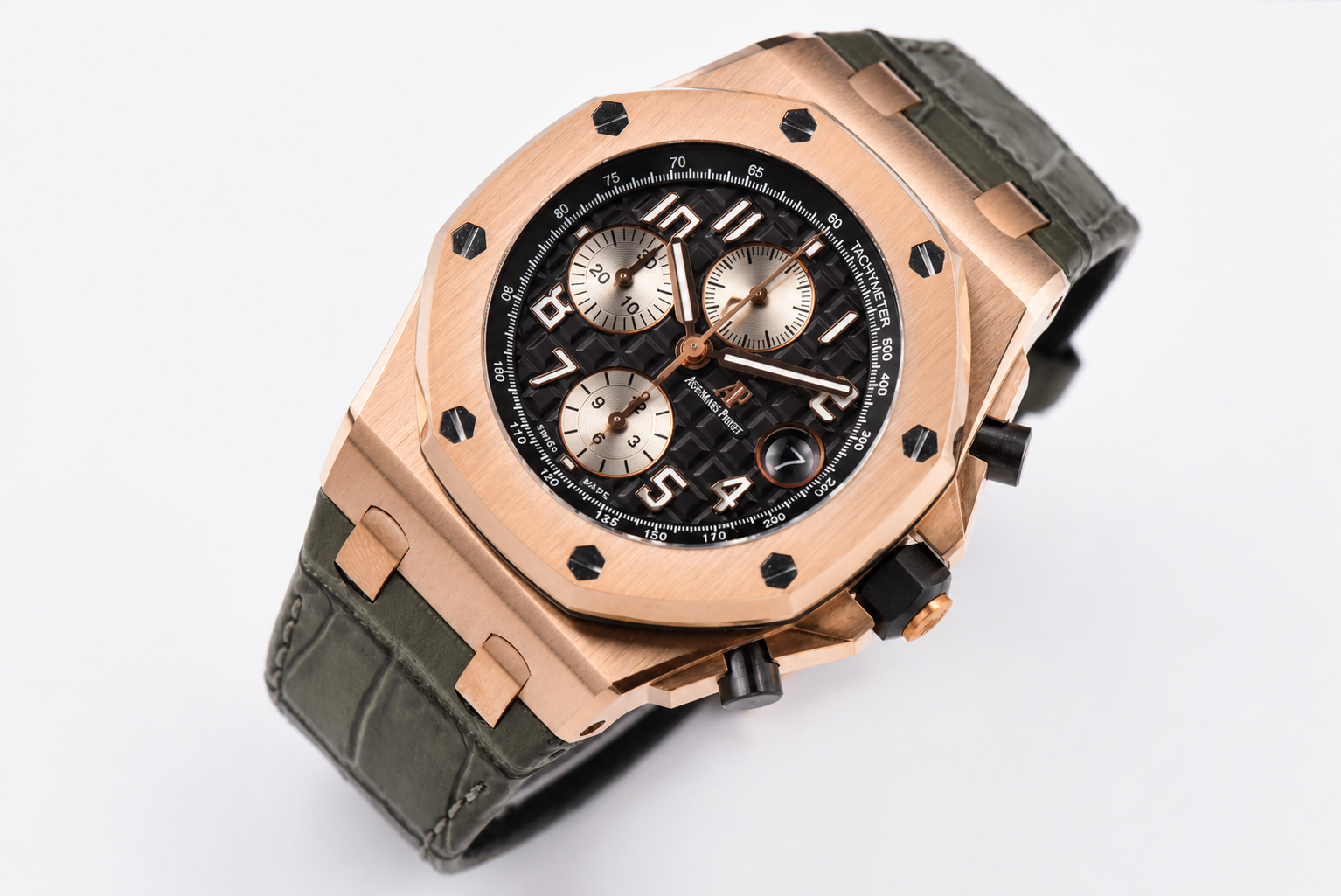 Royal Oak Offshore 42mm RG APF 1:1 Best Edition Black/Silver Dial on Green Leather Strap A3126 - Image 2