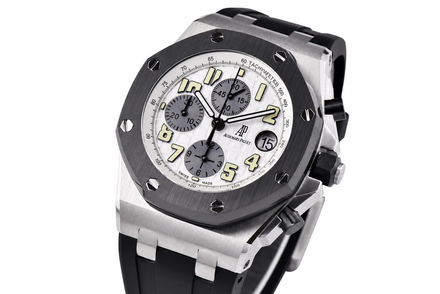 Royal Oak Offshore 42mm SS APF 1:1 Best Edition White Dial White Numeral Markers Ceramic Bezel on Black Rubber Strap A7750