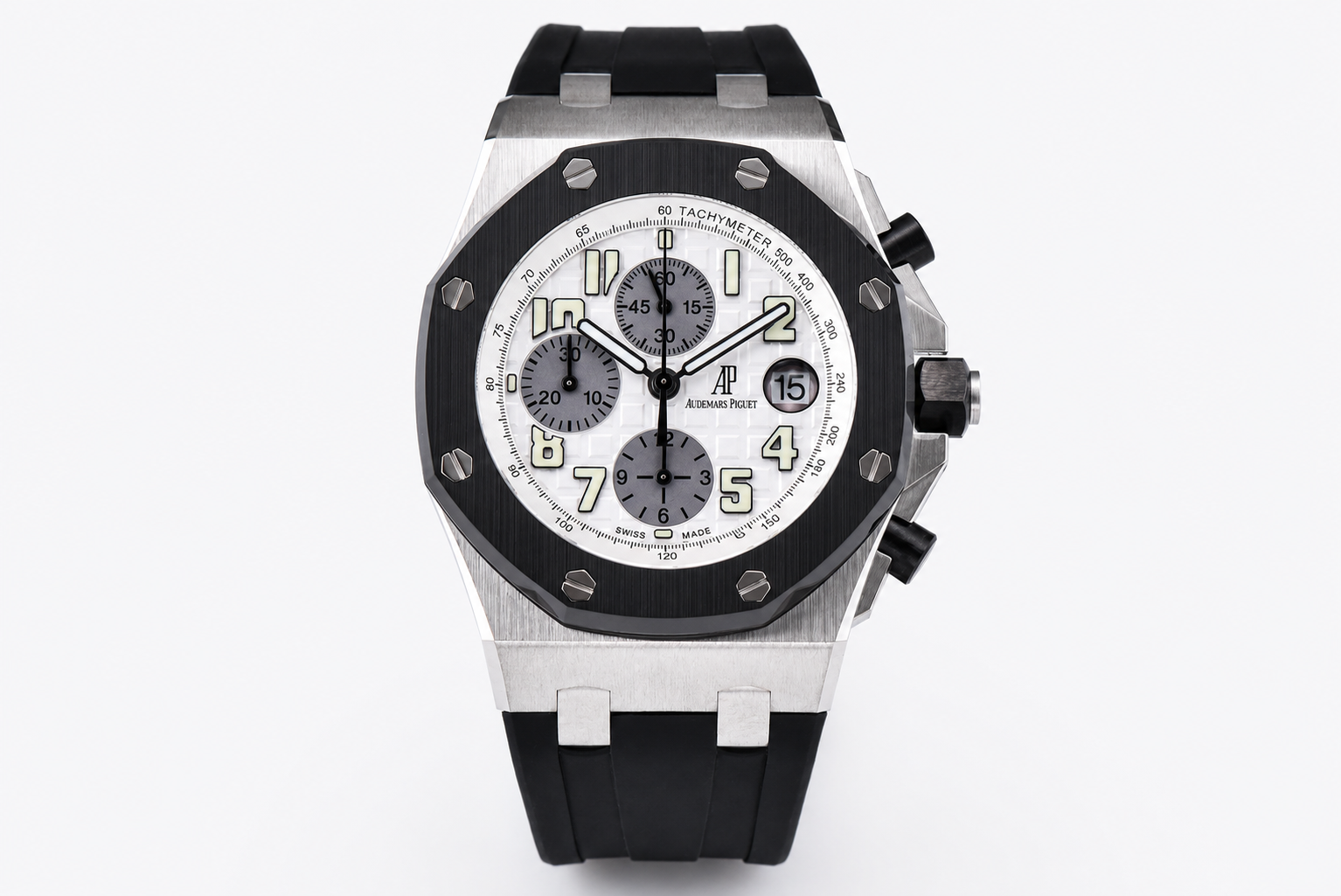 Royal Oak Offshore 42mm SS APF 1:1 Best Edition White Dial White Numeral Markers Ceramic Bezel on Black Rubber Strap A7750 - Image 2